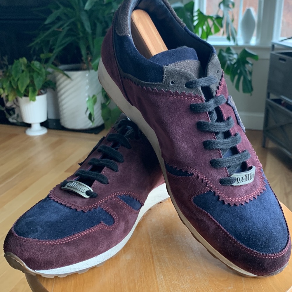 John Galliano Suede printed sneakers. Size EUR 46 US 12. Navy Maroon Bougie